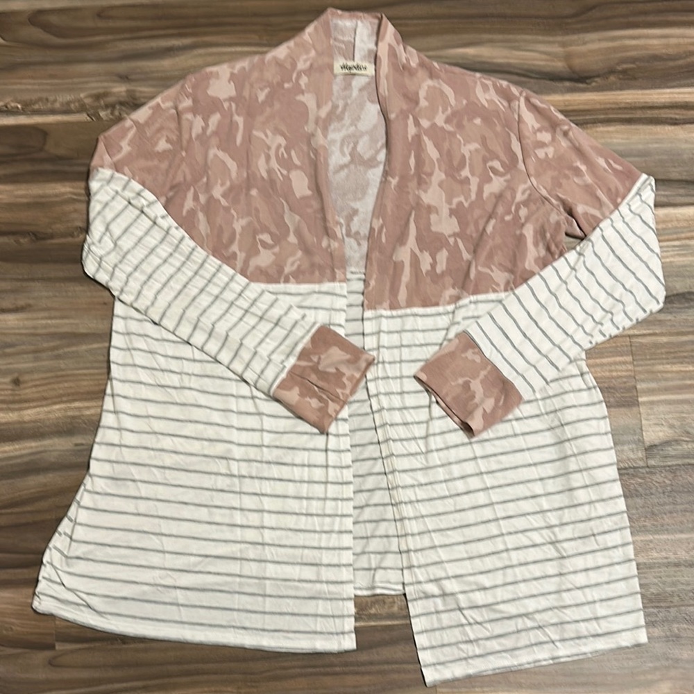 Haptics by Holly Harper Women’s Size 3X Long Open Cardigan Contrast Camo Stripes